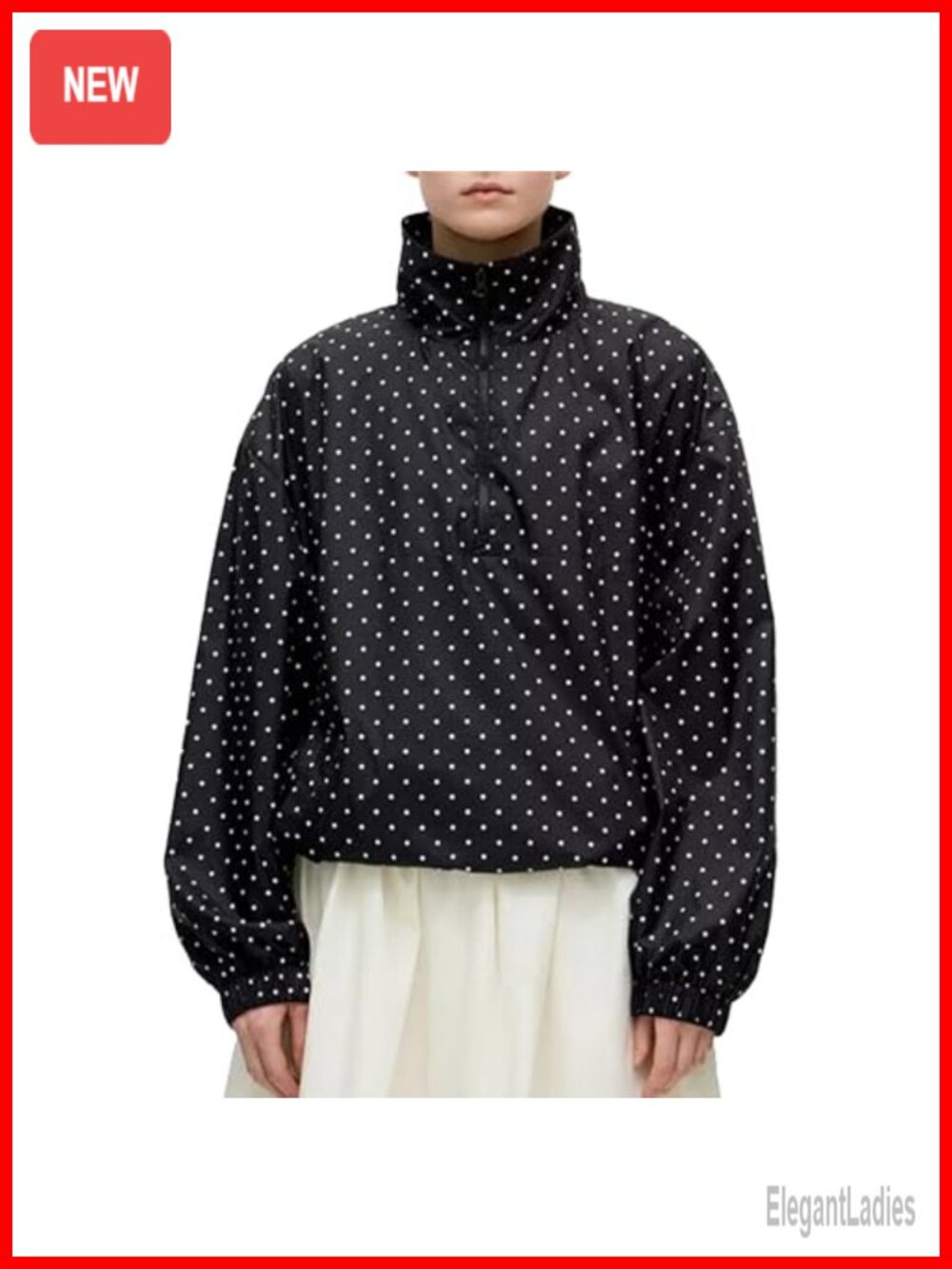 Polka Dot Quarter Zip Cropped Pullover with Pockets